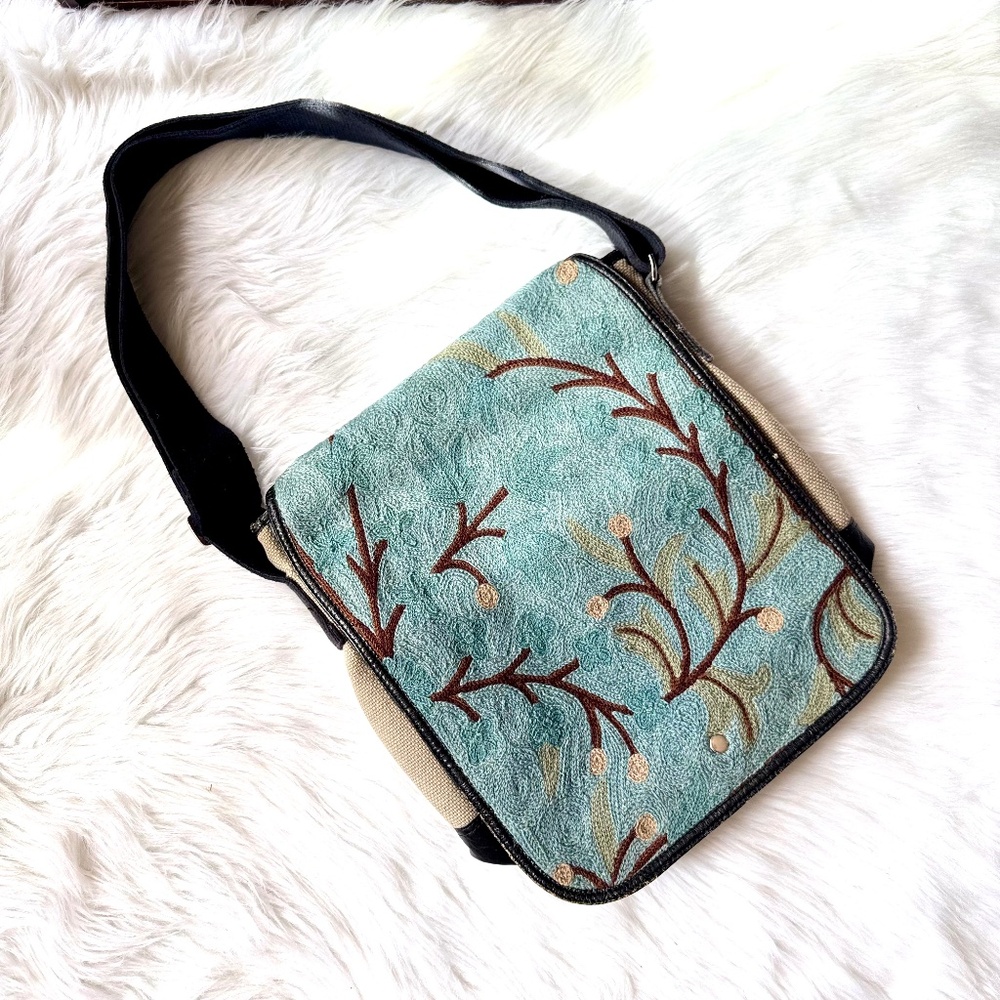 Boho Embroidered Canvas Messenger Bag Teal Floral Crossbody Travel Bag